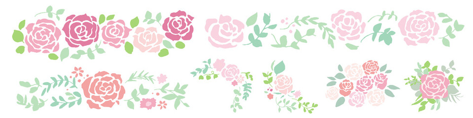 手書きタッチの薔薇イラストセット。ピンクの薔薇のベクターイラストセット。薔薇の装飾フレームセット。A rose illustration with a handwritten touch. Vector illustration of pink roses. Rose decoration frame.