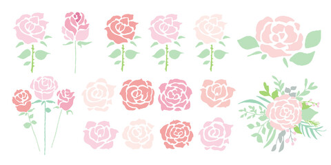 Fototapeta na wymiar 手書きタッチの薔薇イラストセット。ピンクの薔薇のベクターイラストセット。薔薇の装飾フレームセット。A rose illustration with a handwritten touch. Vector illustration of pink roses. Rose decoration frame.