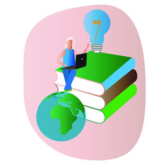 Vector image of a girl with a laptop sitting on books near a light bulb. For the design of ideas, sites and applications.