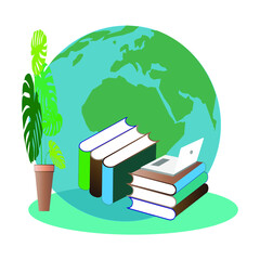 Vector image of a laptop and books on the background of the globe. For the design of websites, applications and wallpapers.