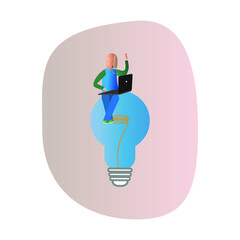 Vector image of a girl working on a laptop and sitting on a light bulb. For website and application design.