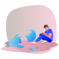 Vector image of a man sitting by a broken light bulb. For the design of websites, applications and wallpapers.