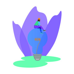 Vector image of a girl sitting on a light bulb. For website and application design.