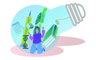 Vector image of a light bulb inside which there is a girl looking for a way out. For the design of websites, applications and wallpapers.