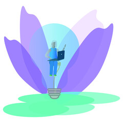 Vector image of a girl working on a laptop and sitting on a light bulb. For website and application design.
