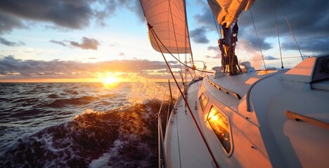 Yacht sailing in an open sea at sunset. Close-up view of the deck, mast and sails. Clear sky after...