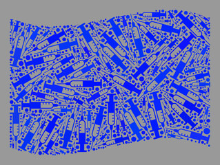 Mosaic waving blue flag created of syringe icons. Vector covid-2019 treatment collage waving blue flag created for treatment applications. Blue flag collage is done of random inoculation icons.