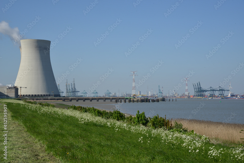 Sticker Nuclear power plant cooling tower with smoke coming out of it