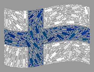 Mosaic waving Finland flag designed of vaccine items. Vector addiction collage waving Finland flag constructed for medicine wallpapers. Finland flag collage is formed with scattered vaccine items.