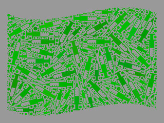 Mosaic waving green flag created of needle icons. Vector covid-2019 treatment mosaic waving green flag created for medical posters. Green flag collage is organized with scattered vaccine items.