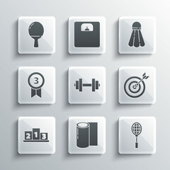 Set Fitness mat roll, Tennis racket, Target with arrow, Dumbbell, Award over sports winner podium, Medal, Racket for playing table tennis and Badminton shuttlecock icon. Vector