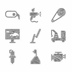 Set Windscreen wiper, Gear shifter, Check engine, Tow truck, Car spark plug, Diagnostics condition of car, Timing belt kit and rearview mirror icon. Vector