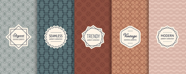 Vector set of geometric seamless patterns. Abstract minimal ornamental textures with elegant minimal labels. Luxury backgrounds collection in trendy colors. Boho ornaments. Stylish vintage design