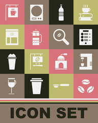 Set Coffee beans, machine, menu, Bottle water, French press, Bag coffee, Street signboard and Selection icon. Vector