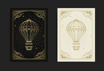 Hot air balloon in the night sky, with engraving, luxury, esoteric, boho, spiritual, geometric, astrology, magic themes, for tarot reader card. Premium Vector