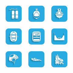 Set First aid kit, Formula 1 racing car, Roller skate, Skate park, Helmet, Rafting boat, Jet ski and Aqualung icon. Vector