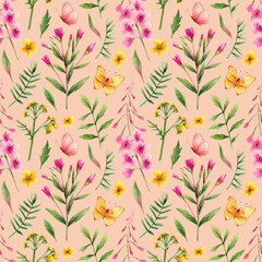 Pattern with wild flowers in watercolor