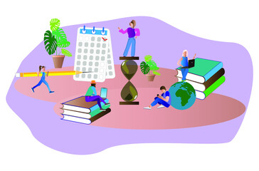 Vector image of a concept of planning a work week near a large calendar. Flat design of business people completing work schedule for effective task management
