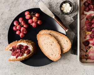 Bread, grapes & cheese still life