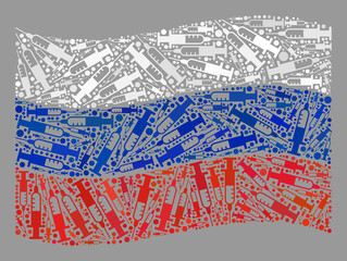 Mosaic waving Russia flag constructed with syringe elements. Vector vaccine collage waving Russia flag designed for medical purposes. Russia flag collage is made with random vaccine icons.