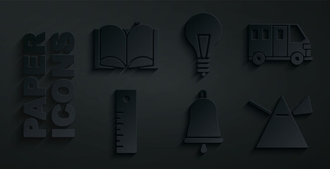 Set Ringing bell, School Bus, Ruler, Light rays prism, bulb with concept of idea and Open book icon. Vector