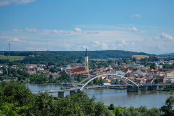View over the river Danube to the city of Vilshofen, Germany