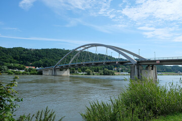 View over the river Danube to the Danube bridge in the city of Vilshofen, Germany