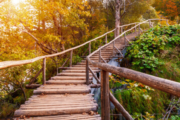 Beautiful autumn colors at the famous Plitvice lakes, many beautiful waterfalls, Plitvice National Park