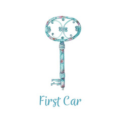 First car key card, watercolor, hand painted