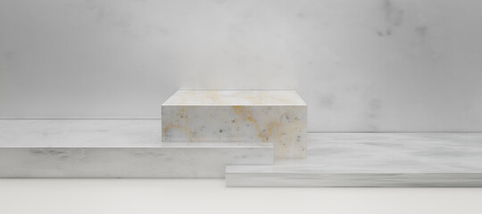 3D render Premium podium made of white marble cube. Mock up for the exhibitions,presentation of products,promotion sale,therapy,relaxation,health,banner,discount,cosmetic with copy space. 3D rendering