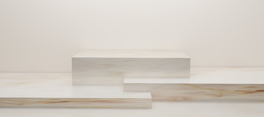3D render Premium podium made of beige marble cube. Mock up for the exhibitions,presentation of products,promotion sale,therapy,relaxation,health,banner,discount,cosmetic with copy space. 3D rendering