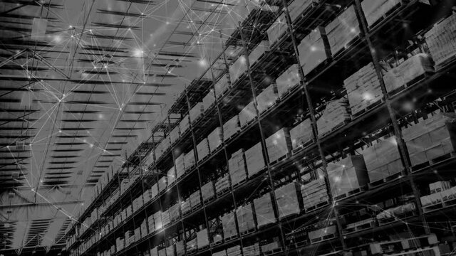 Animation of network of connections over shelves in warehouse