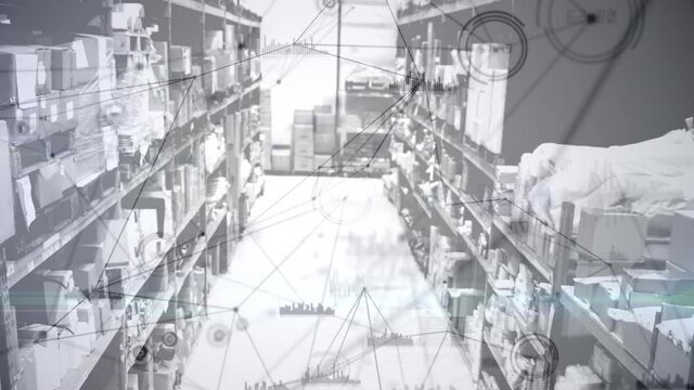 Animation of network of connections over shelves in warehouse