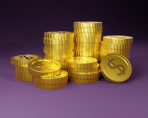 3d coin stack.  Stack of golden dollar coin like income graph. 3d realistic coins isolated on purple background. 3D rendering