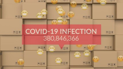 Animation of covid infection counter and sick emojis over packages in warehouse - Powered by Adobe