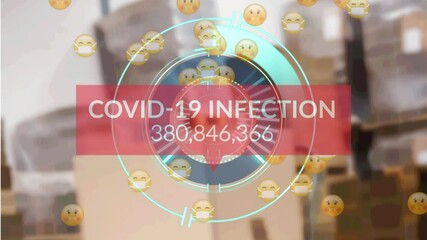 Animation of covid infection counter and sick emojis over packages in warehouse - Powered by Adobe