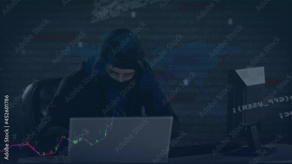 Poster animation of data and statistics processing over computer hacker