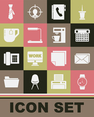 Set Wrist watch, Envelope, Calendar, Address book, Table lamp, Cup of tea with tea bag, Tie and Coffee machine icon. Vector