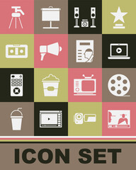 Set Online play video, Film reel, Home stereo with two speakers, Megaphone, VHS cassette tape, Tripod and Cinema poster icon. Vector