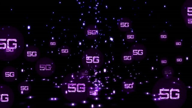 Animation of network of connections with 5g text on black background