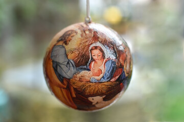Christmas tree toy with the scene of the birth of Jesus Christ