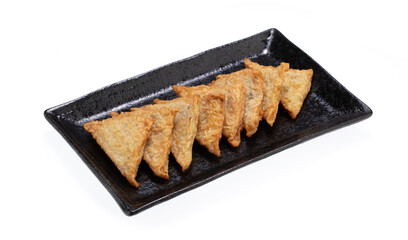 fried fish tofu on plate isolated on white background