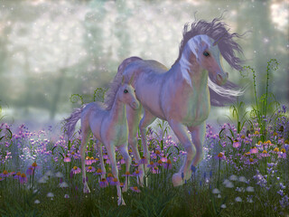 Fototapety  Magical Mare and Foal Unicorn - A unicorn is a legendary creature that inhabits magical forests and has a single horn on its forehead.