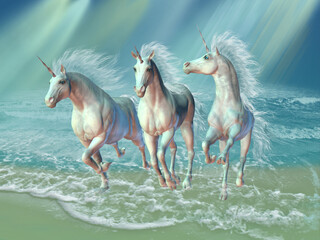 Obraz na płótnie Canvas Sea Unicorns - A herd of unicorns gallop through the waves as sunrays shine down on the ocean.