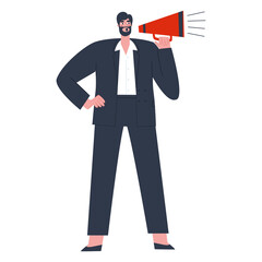 A man in a suit speaks into a mouthpiece. Flat vector illustration of people. 