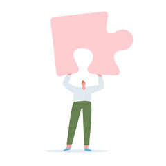 A man holding a puzzle piece in his hands above his head. Flat vector illustration of people. 
