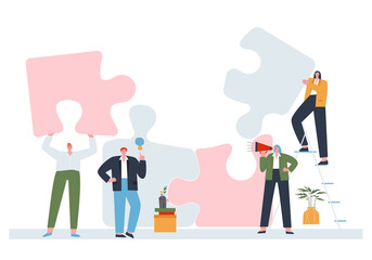 Teamwork of people. Flat vector illustration of people with puzzle pieces. Human characters on white background.