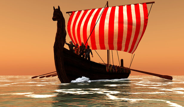 Viking Men and Longship - Viking men gather at the bow of their sailing longboat to watch for land on a voyage.