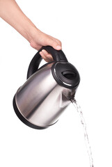 Hand holding Modern electric kettle isolated on white background.