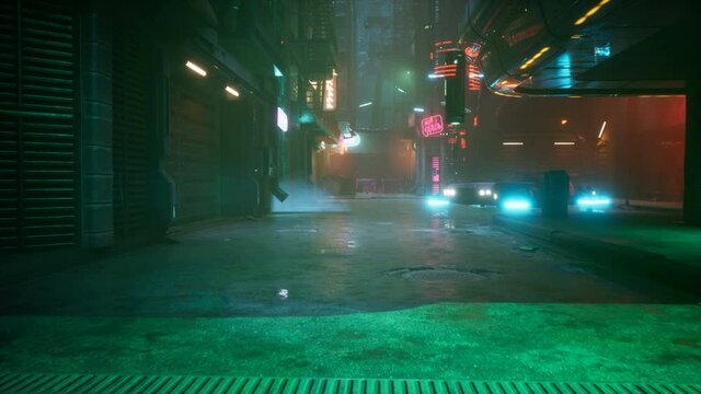 The nighttime neon street of the cybernetic city of the future. Walk through the city of the future. The animation is perfect for futuristic, fiction, cyber and sci-fi backgrounds.